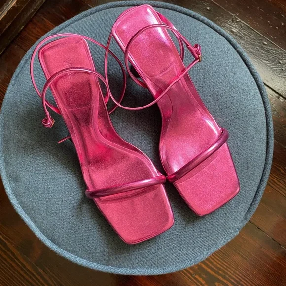 Zara Pink metallic minimal kitten Heels Strappy Sandals 38 - Picture 1 of 7